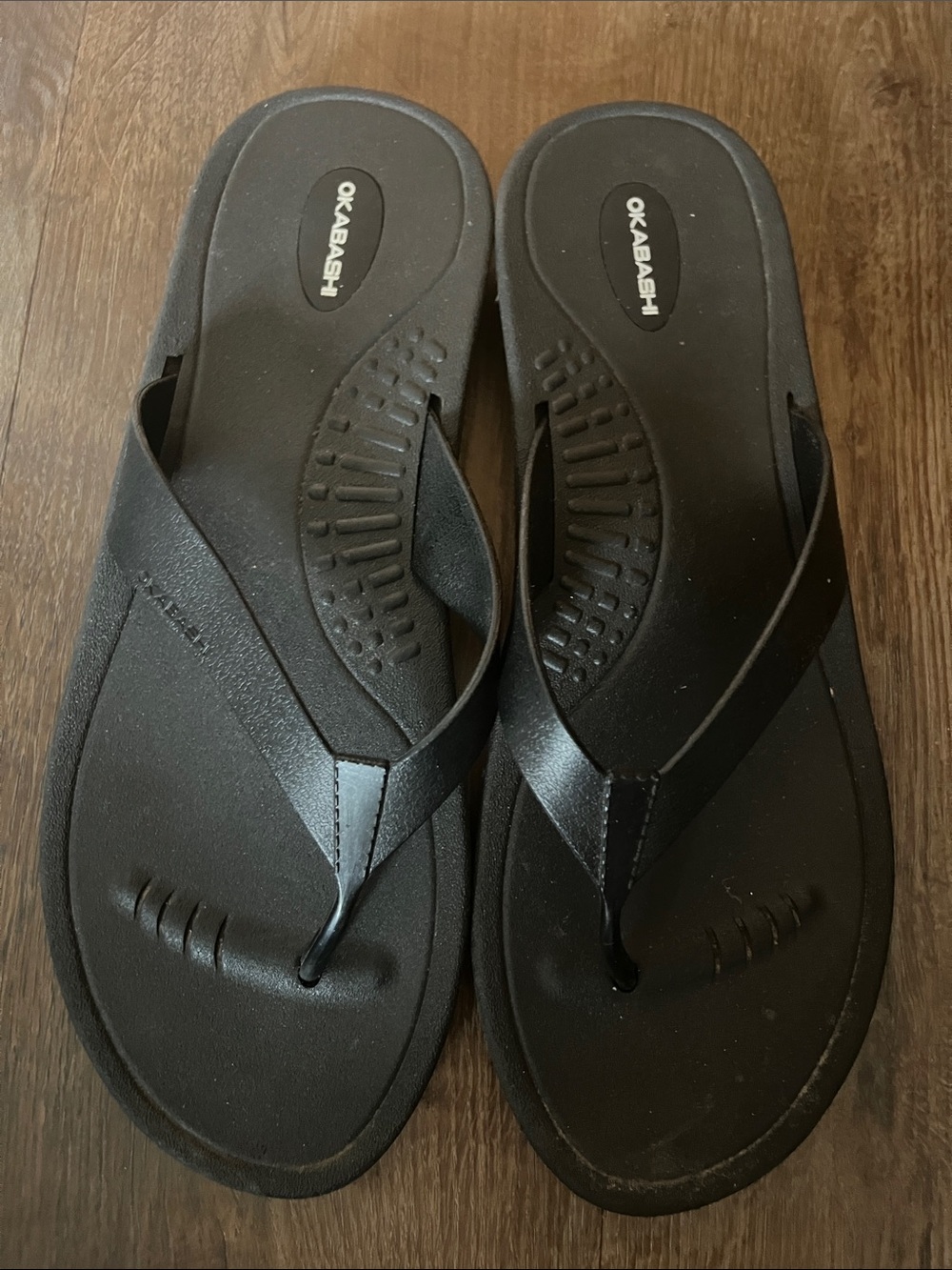 Okabashi Lakeside black rubber wedge flip-flop sandals, ergonomic arch support.